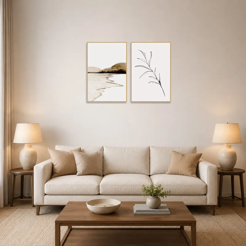 Artwork set in a living room, adding nature-inspired beauty above a modern sofa.