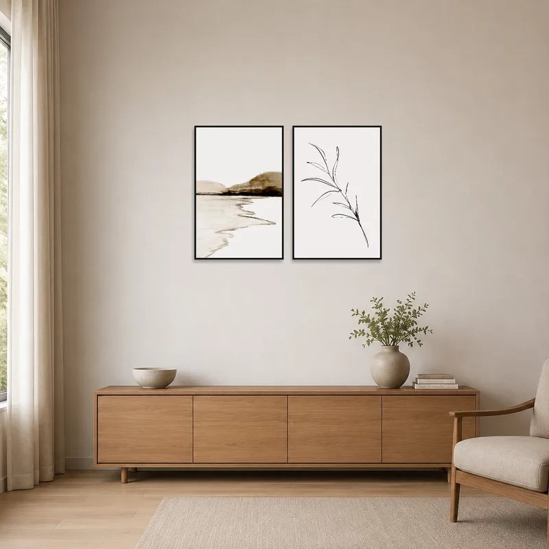 Minimalist room showcasing nature-themed line art against bare walls.
