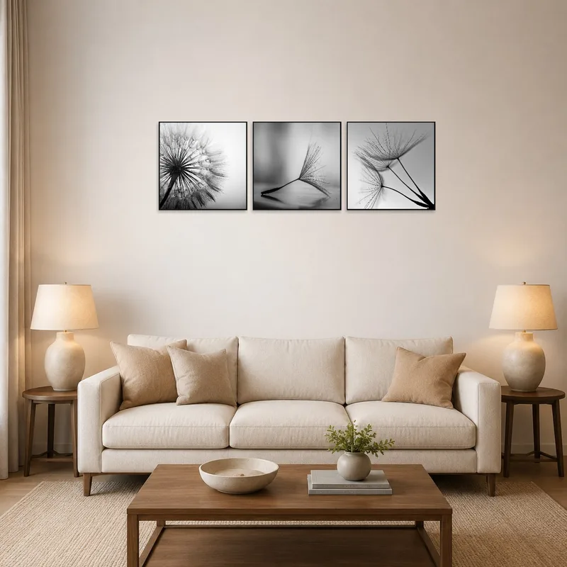 Serene monochrome dandelion triptych displayed above a modern living room sofa.