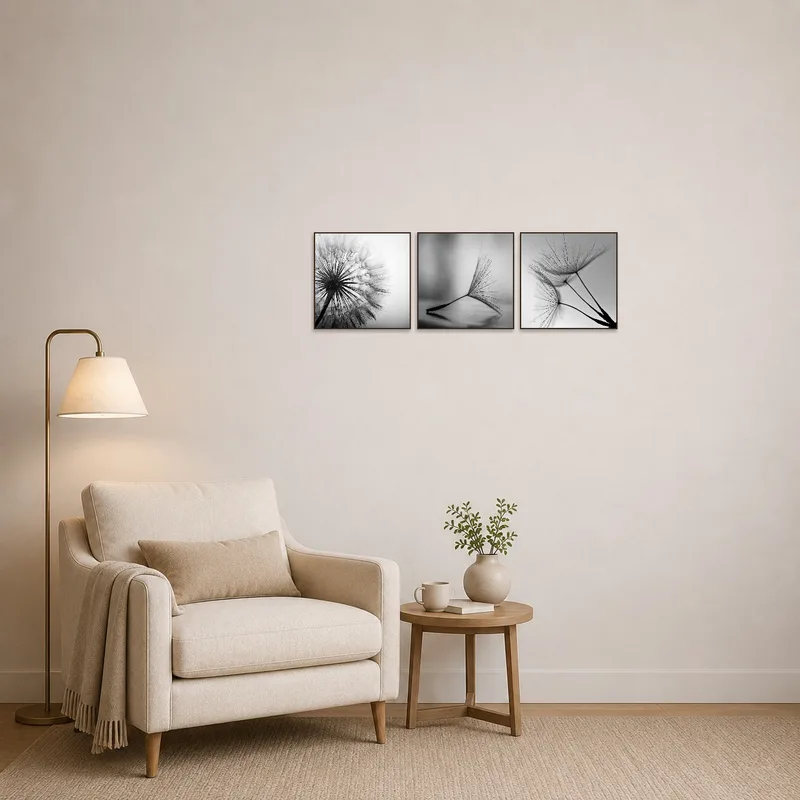 Serene dandelion artwork adds tranquility to a cozy reading corner.