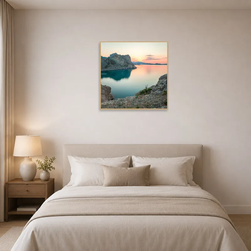 Bedroom showcasing artwork of a tranquil mountain lake at twilight.