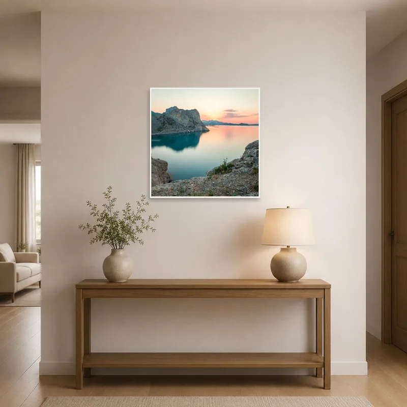 Entrance hall featuring a serene mountain lake at twilight artwork.