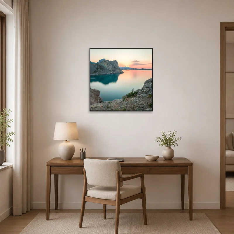 Home office with artwork of a serene mountain lake at dusk.