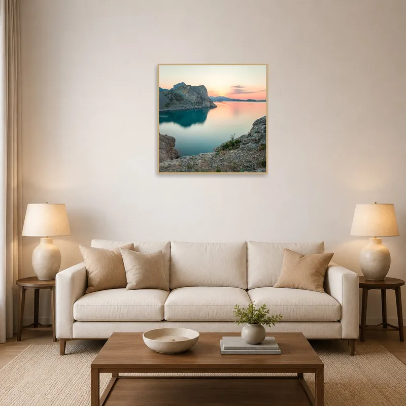Serene twilight mountain lake art in a cozy living room setting.