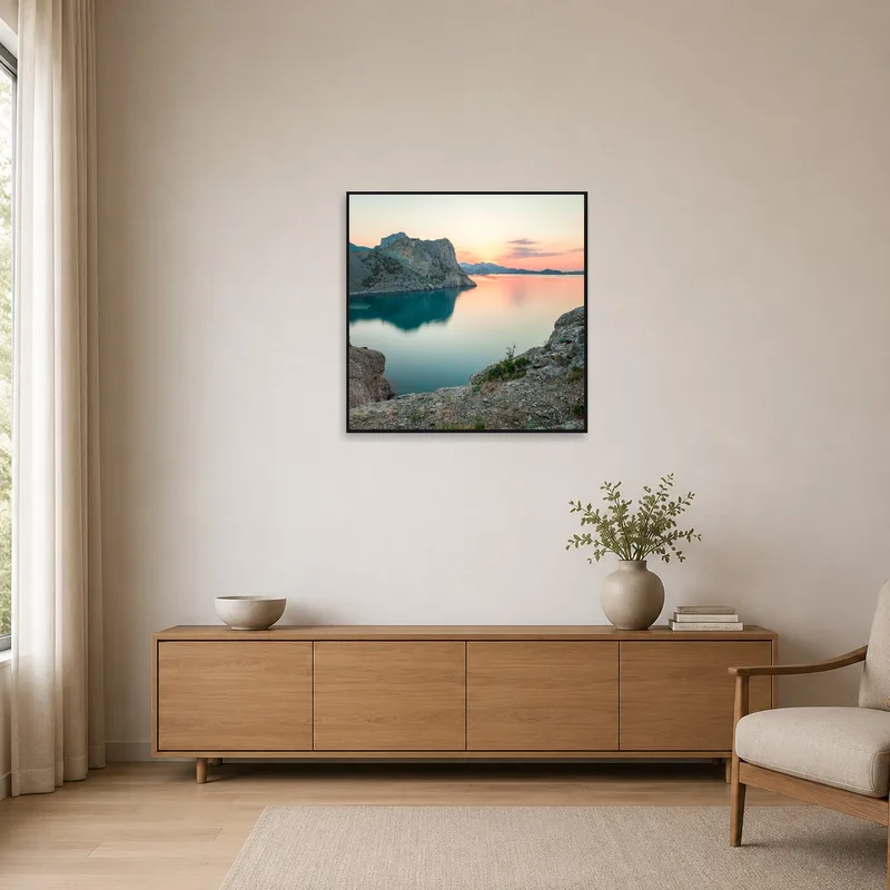 Minimalist room displaying a tranquil twilight lake scene.