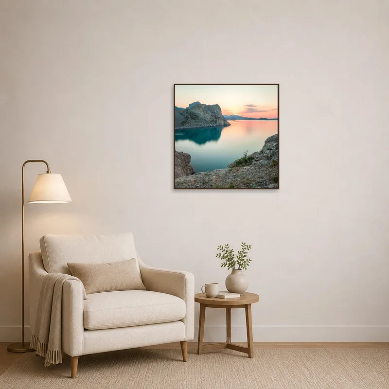 Reading corner adorned with a peaceful mountain lake at twilight.