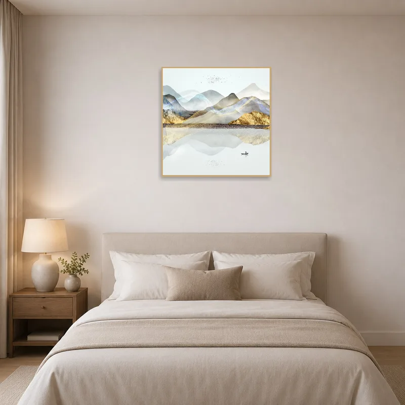 Peaceful mountain landscape scene on the wall opposite the bed.