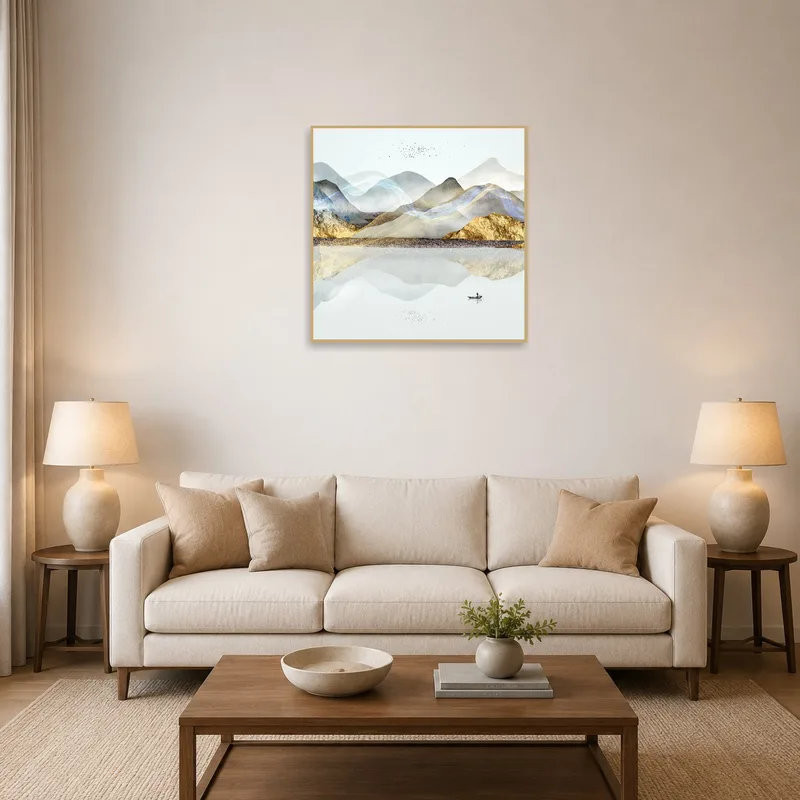 Serene mountain landscape art above the sofa in a cozy living room.