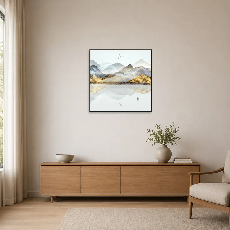 Minimalist room with mountain landscape art on a plain wall.