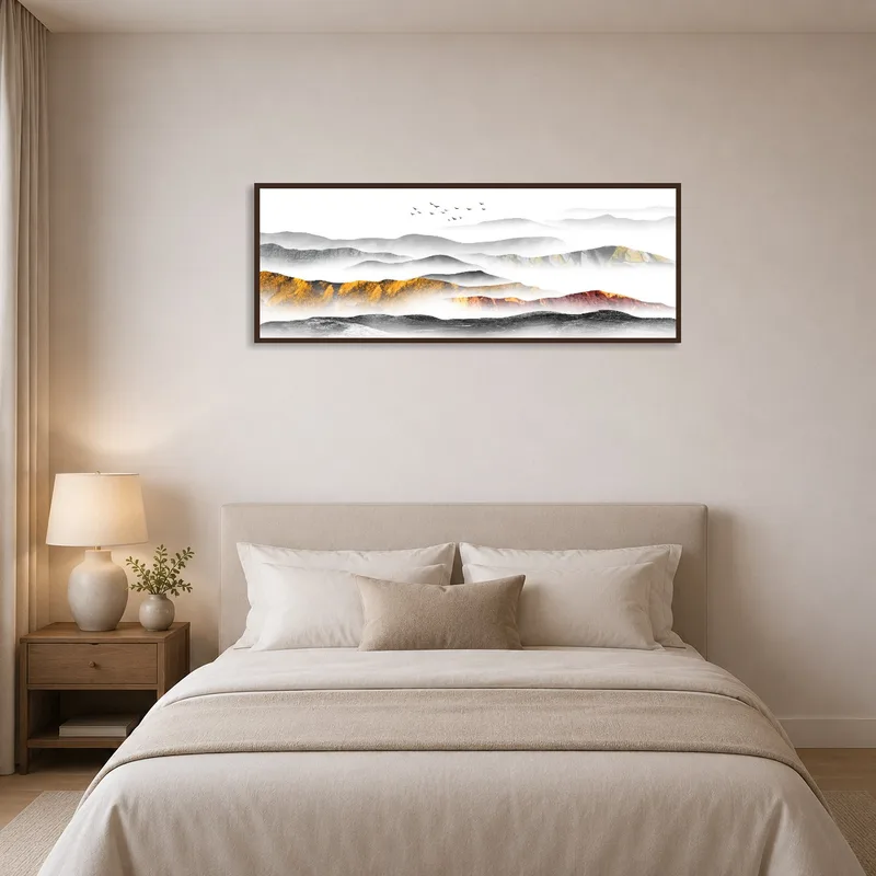 Soothing mountains adding tranquility to a serene bedroom.
