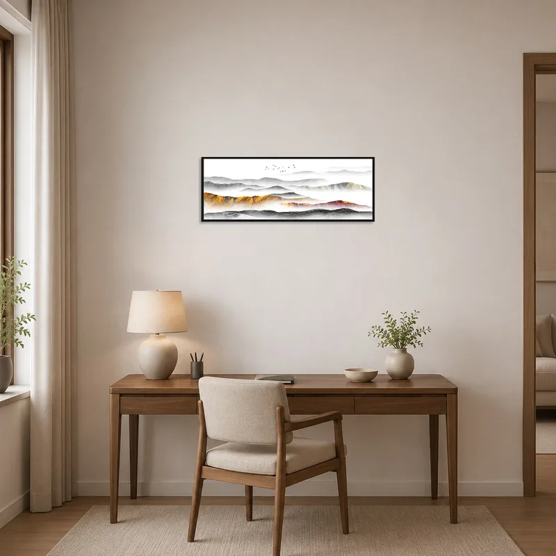 Mountain mist art fostering focus and calm in a home office.