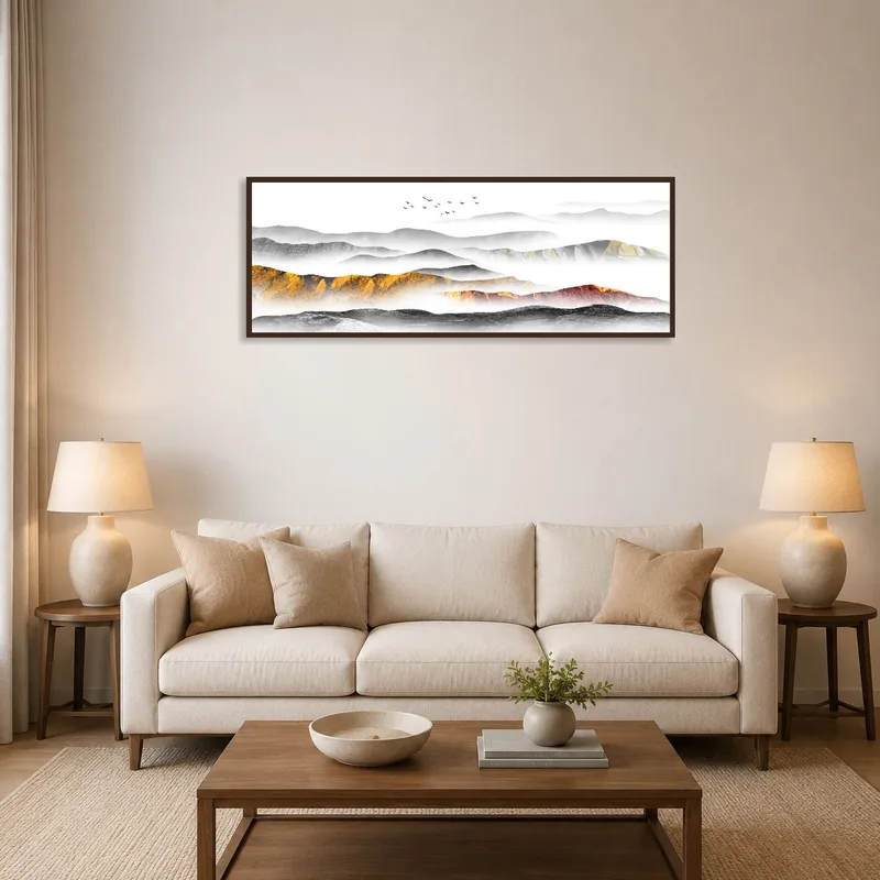 Serene mountain artwork above a modern sofa in a cozy living room.