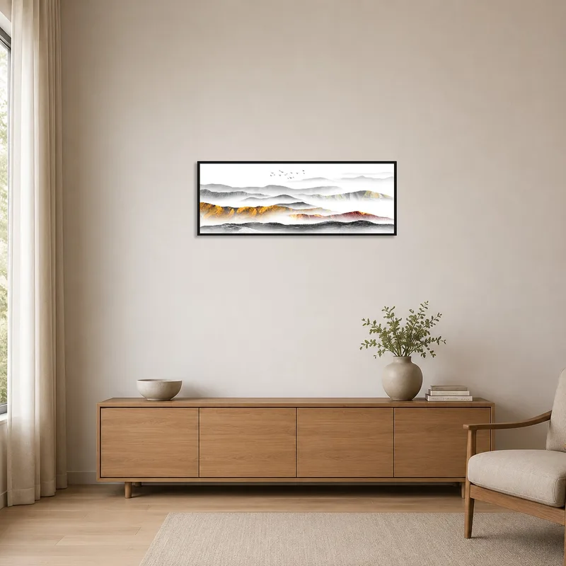 Misty mountain scene accentuating a sleek, minimalist space.