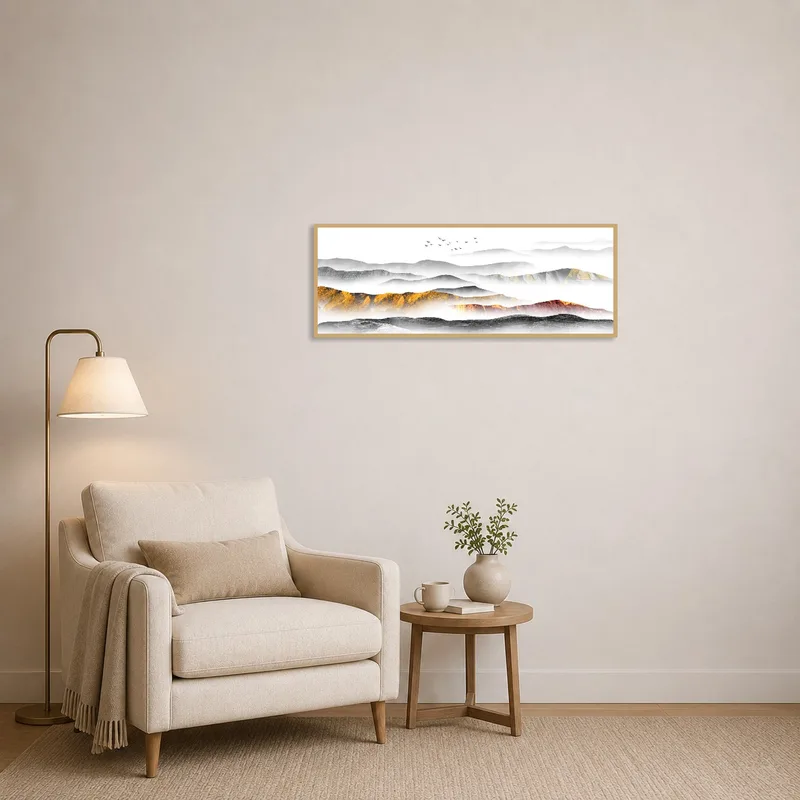 Mountain layers art creating a calming vibe in a reading corner.