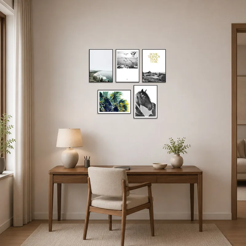Home office brightened by serene nature and wildlife photography set.