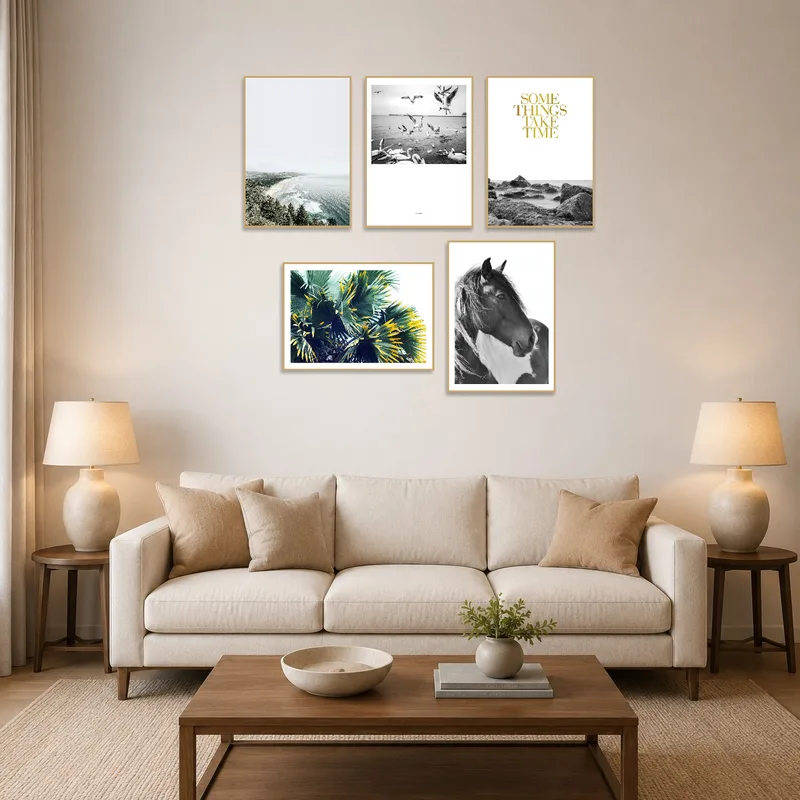 Nature and wildlife photos add tranquility to a cozy living room setting.