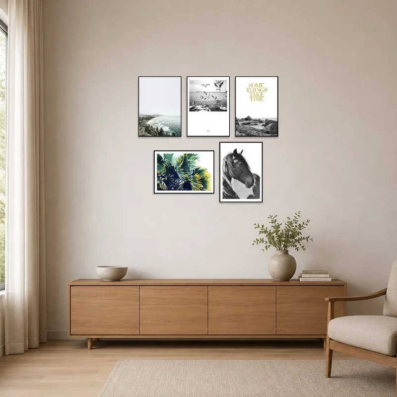Minimalist room with serene nature and wildlife photos creating calmness.