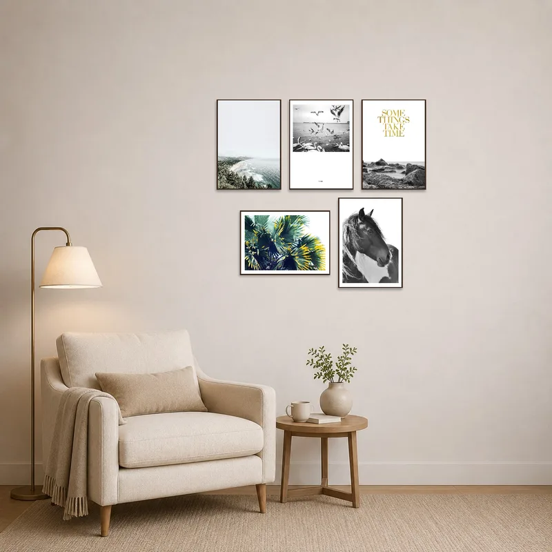 Peaceful wildlife and nature photos complement a quiet reading corner.