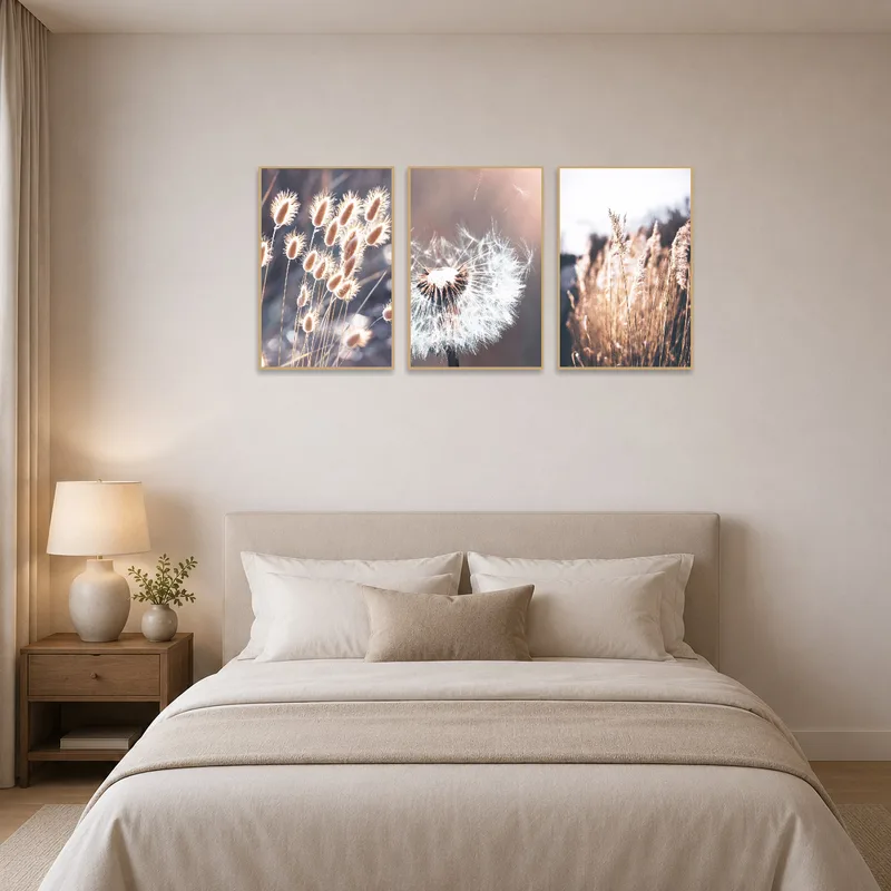Bedroom enhanced with peaceful nature scenes.