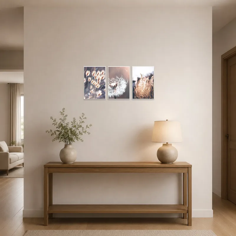 Welcoming entrance hall with serene nature triptych.