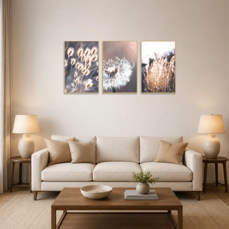 Triptych of grass, dandelion, and fields in a cozy living room.