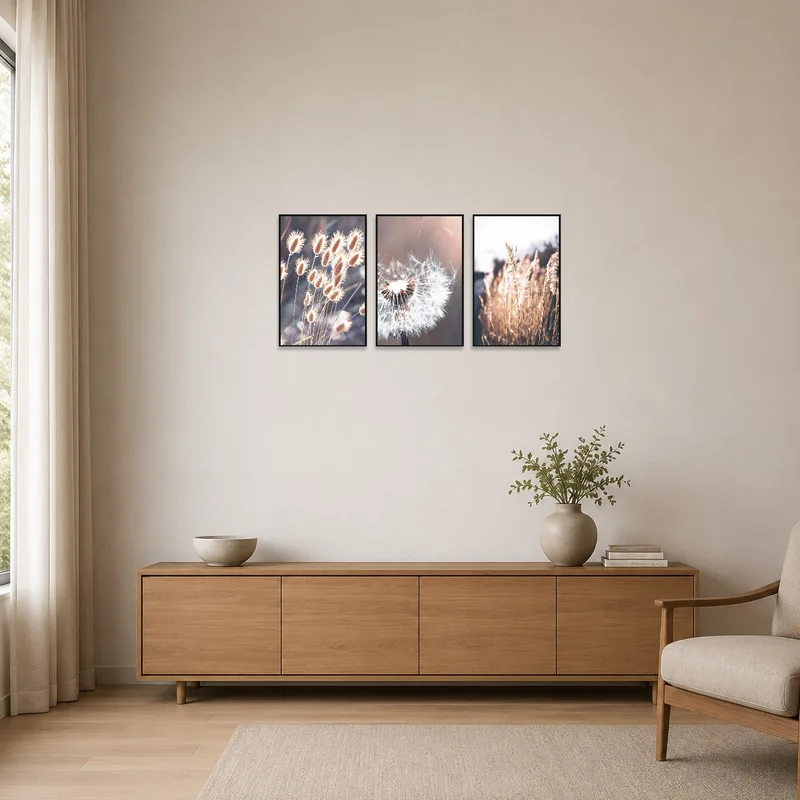 Nature-themed triptych adds calmness to a minimalist room.