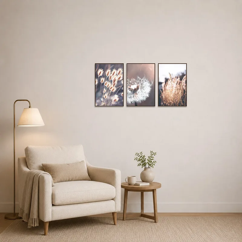Relaxing reading corner featuring grass and dandelion art.