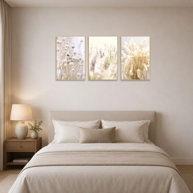 Serene nature triptych enhances the tranquility of a bedroom.