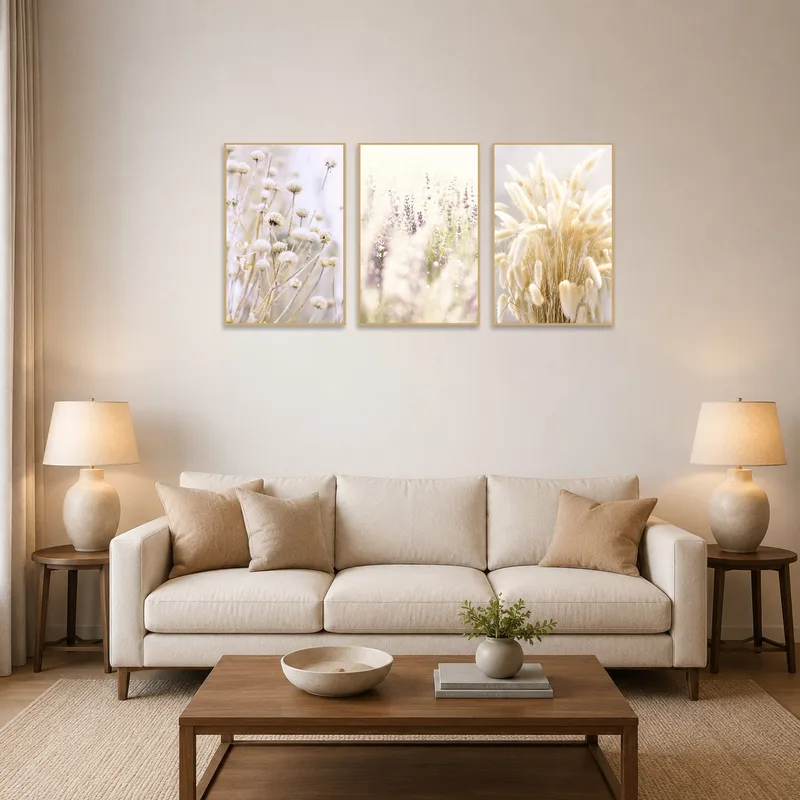 Trio of floral nature artworks adorns a cozy living room wall.