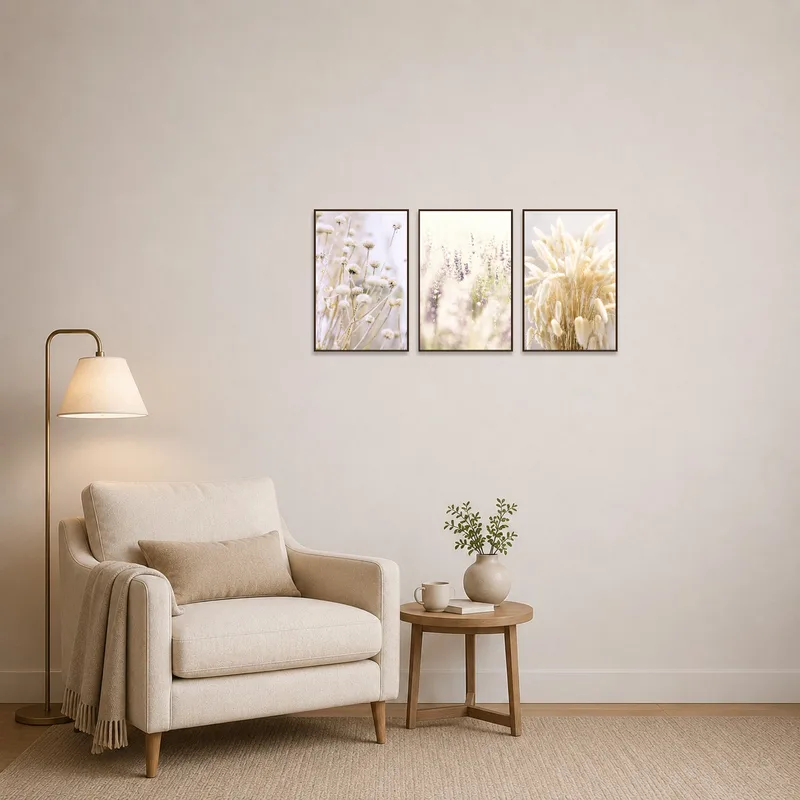 Floral triptych adds serenity to a cozy reading corner.