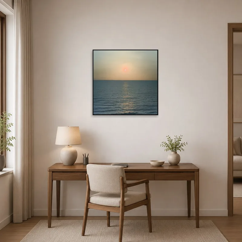 Home office featuring ocean sunset print near the desk.