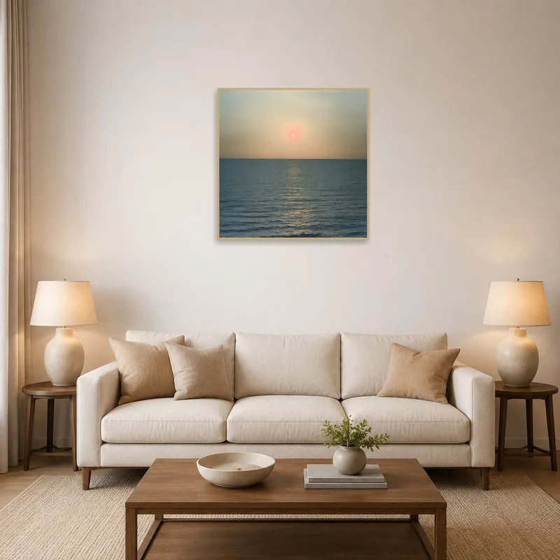Serene ocean sunset print in living room over a cozy sofa.