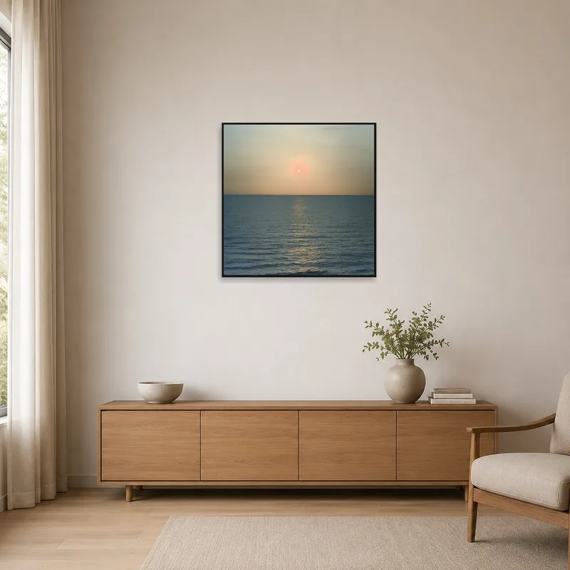 Minimalist room featuring ocean sunset print on white wall.