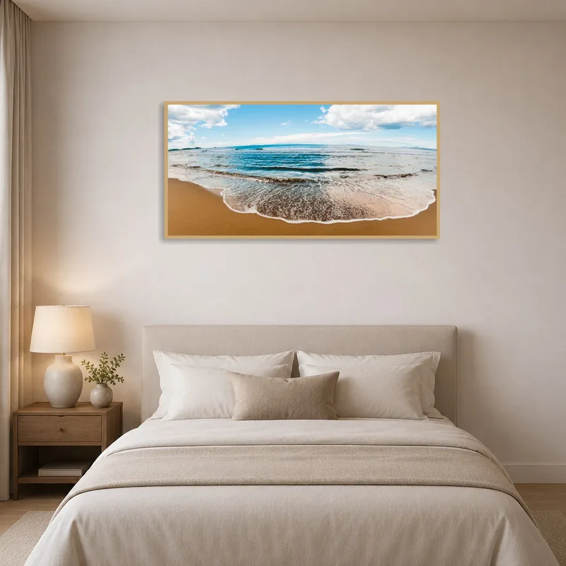 Relaxing ocean waves artwork creating a serene bedroom ambiance.