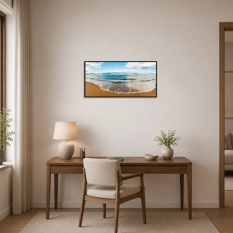 Calming ocean artwork adding tranquility to a home office space.
