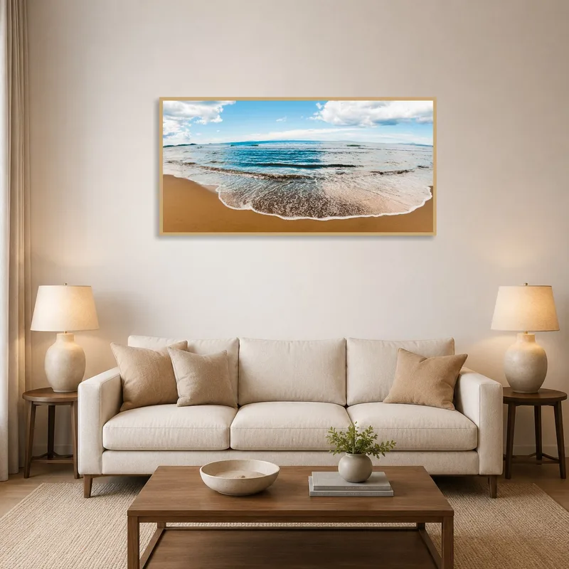 A tranquil ocean waves artwork in a cozy living room setting.