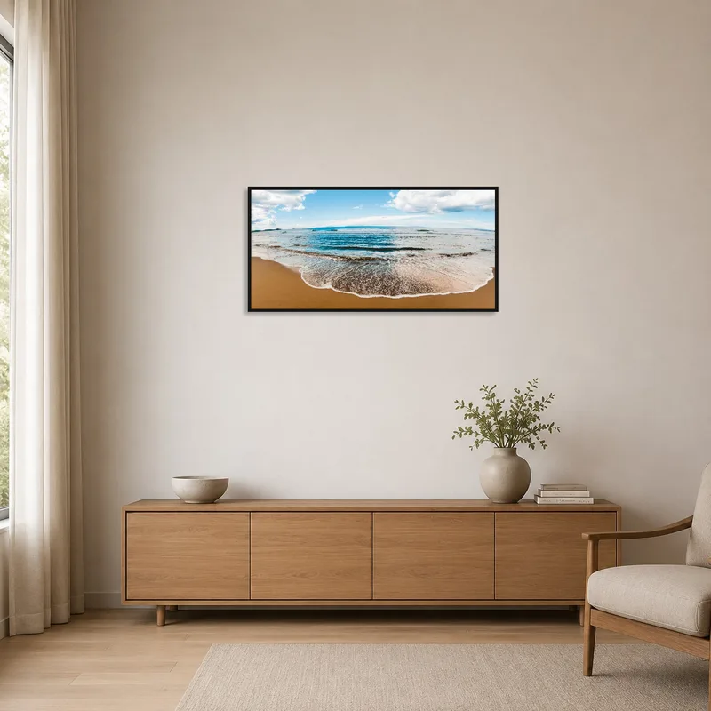 Ocean waves art complementing a minimalist room decor.