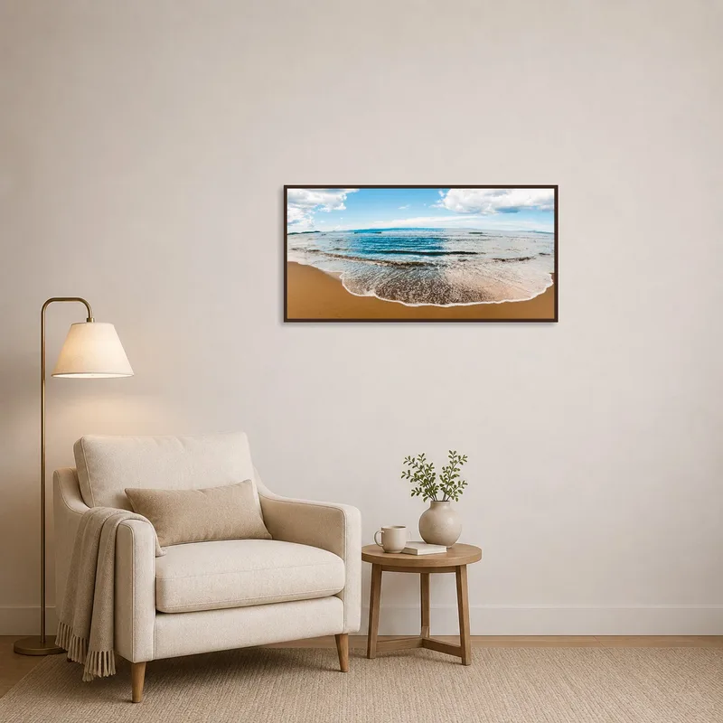 Panoramic ocean scene enhancing a peaceful reading corner.