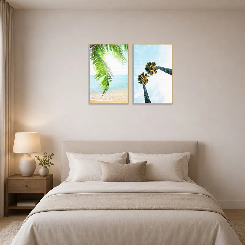 Palm tree duo in a bedroom creating a tranquil beach ambiance.