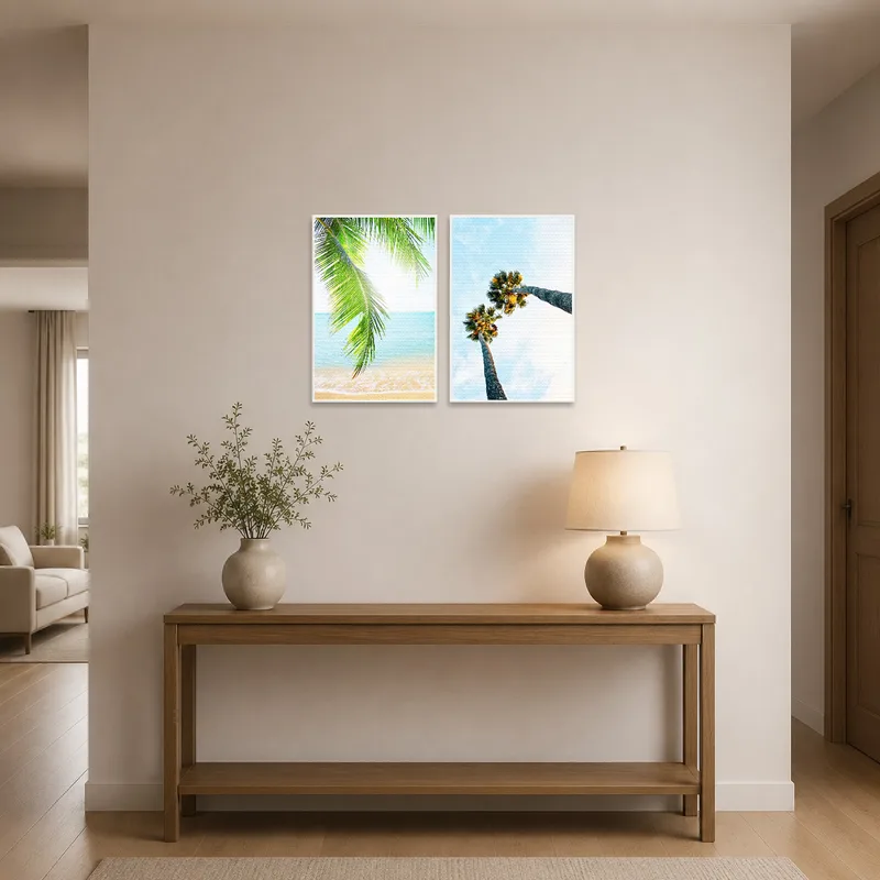 Entrance hall displaying palm trees against a calming beach background.
