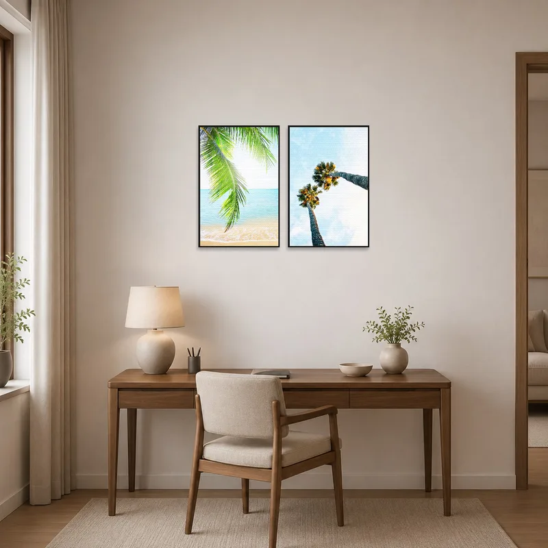 Home office wall adorned with calming palm beach and skyward palm scenes.