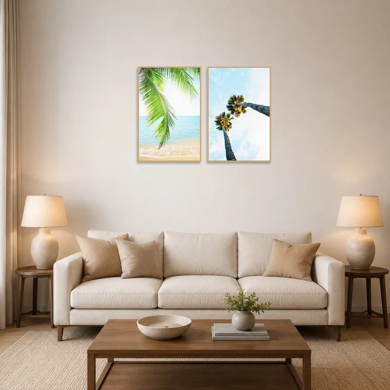 A serene palm beach print next to skyward palms in a living room setting.