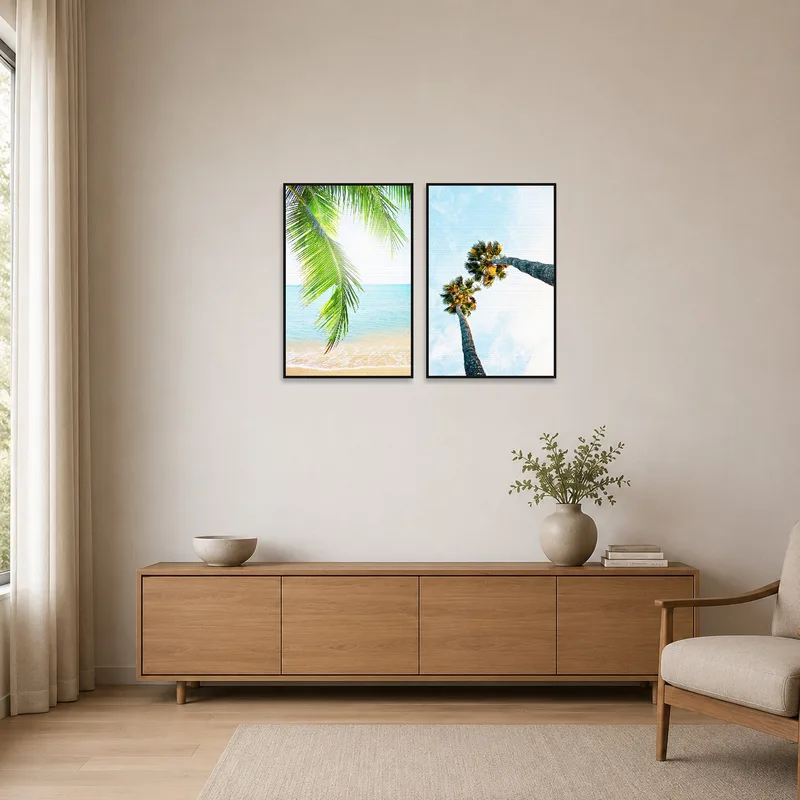 Minimalist scene featuring a duo of palm-themed artwork on plain walls.