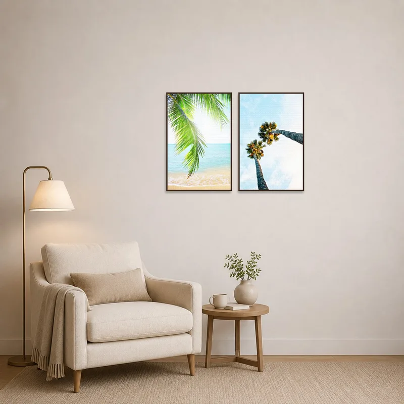 Cozy reading corner with two palm-themed artworks adding a tropical vibe.