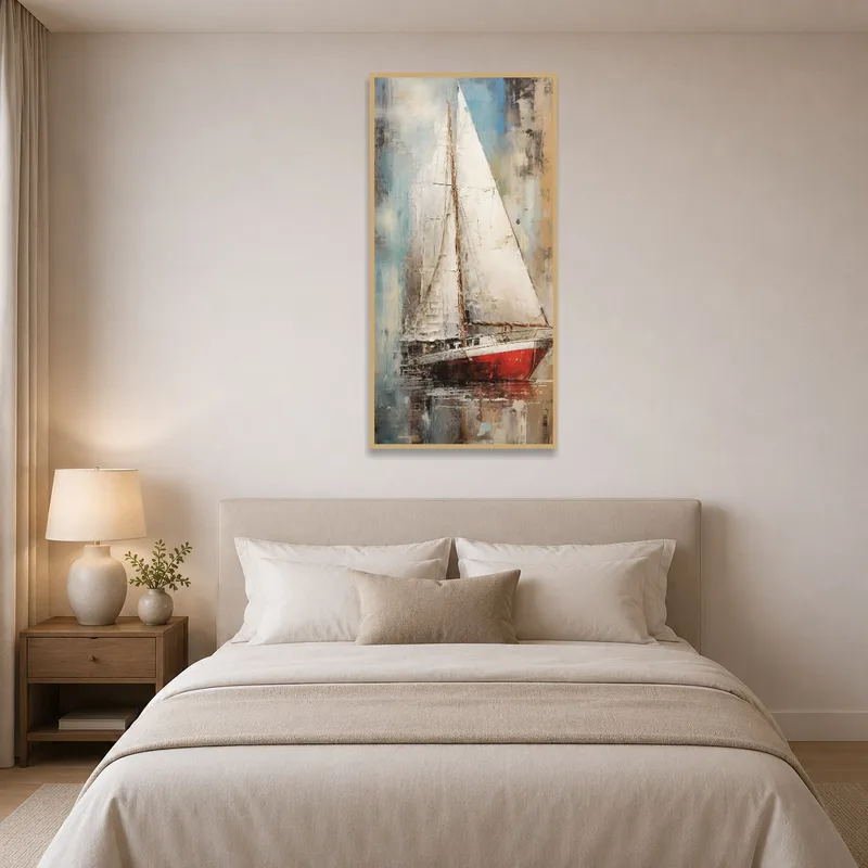 A peaceful sailing vessel art piece sets a calming tone in a cozy bedroom.
