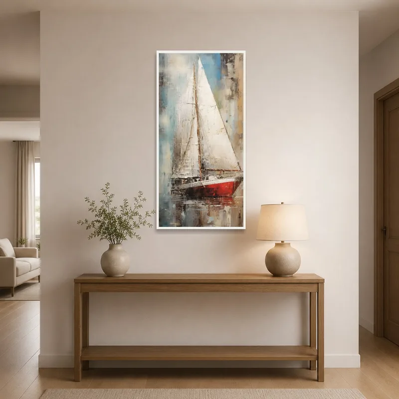 An entrance hall showcasing a serene sailing vessel piece on the wall near a console table.