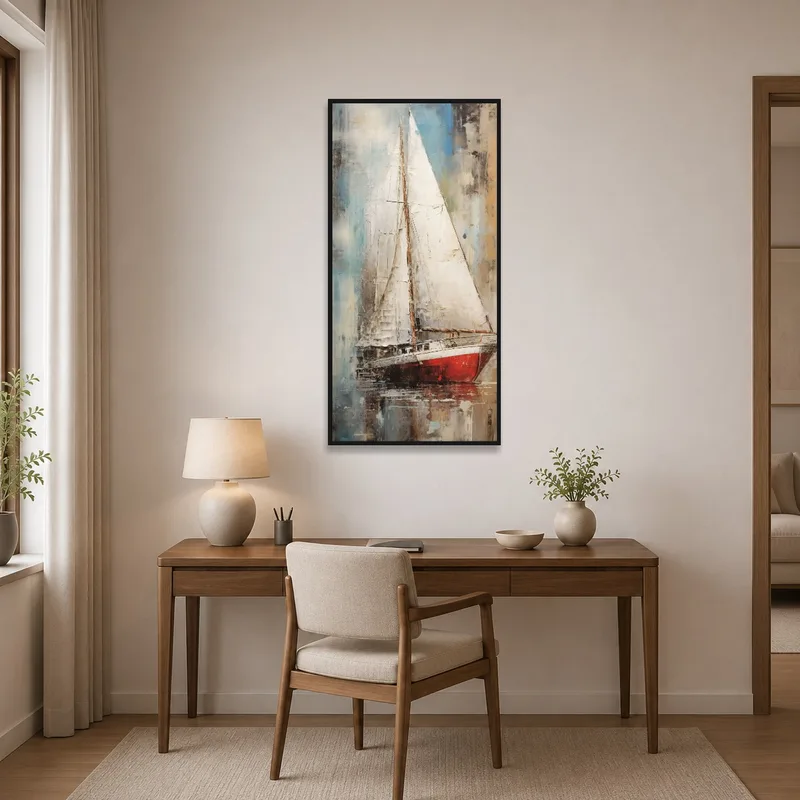 Serene sailing vessel artwork adds a creative vibe to a functional home office space.