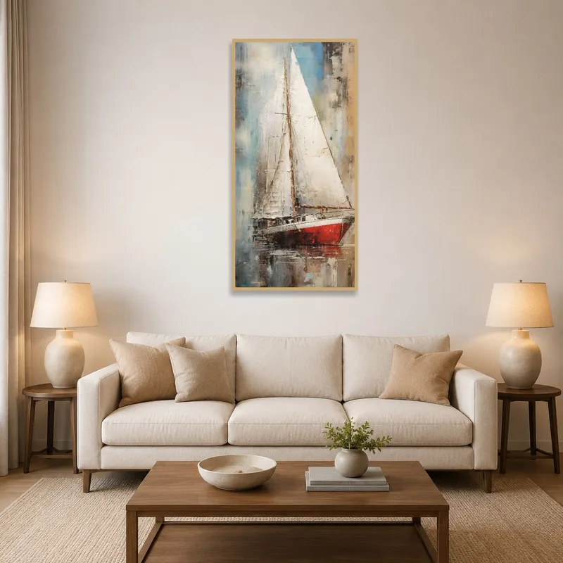 A serene sailing vessel artwork on the wall of a cozy living room with plush seating.