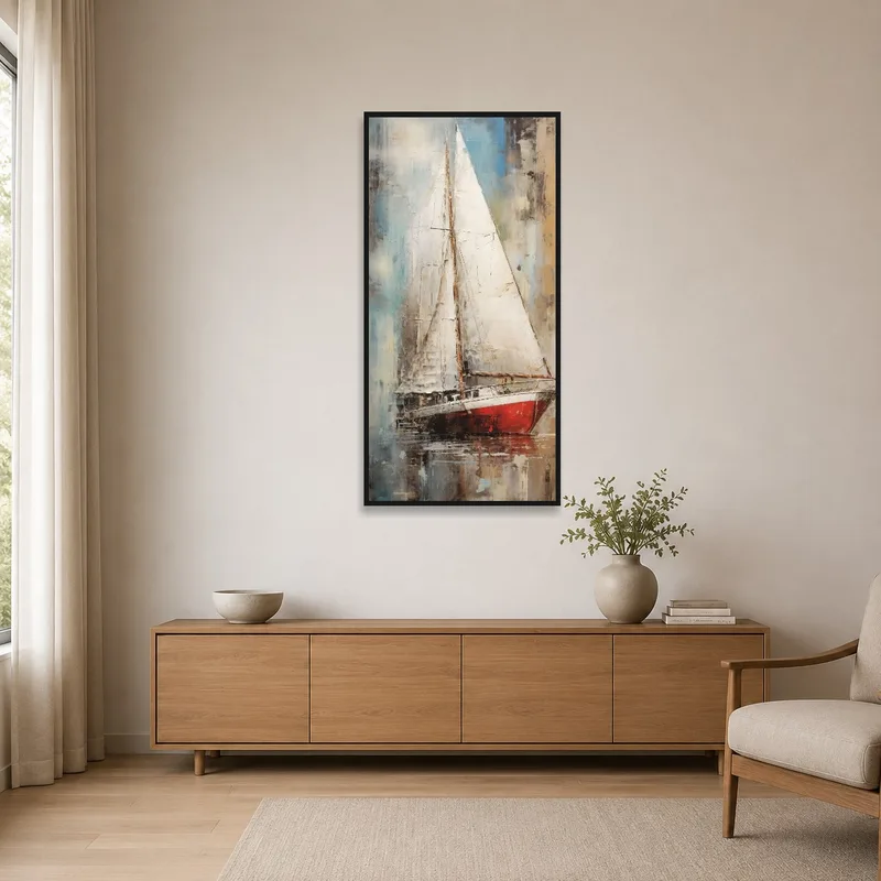 Sailing vessel artwork enhances the clean lines of a minimalist room with neutral colors.
