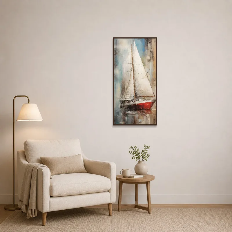 Sailing vessel scene brings tranquility to a reading corner with a comfy chair and bookshelf.